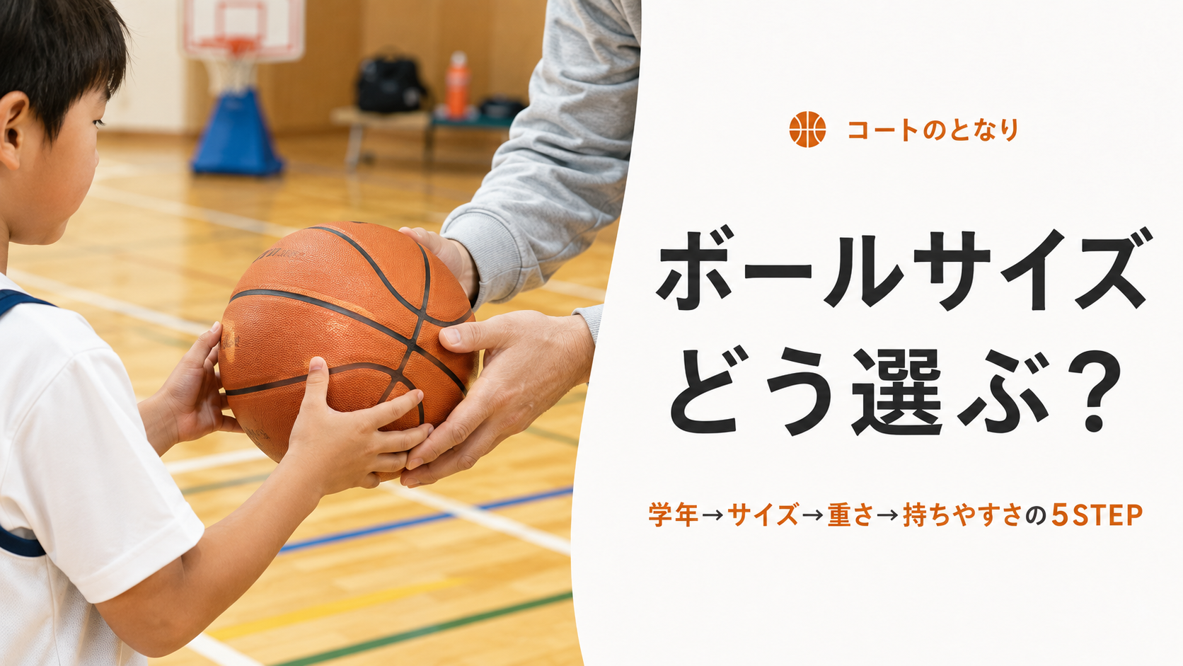ミニバスで使うボールのサイズを子どもの手との対比で示すアイキャッチ画像