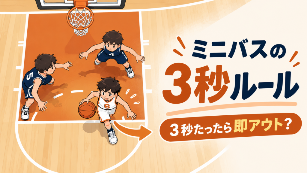 制限区域から外へ出ようとする小学生選手を描いたミニバス3秒ルール解説記事のイラスト