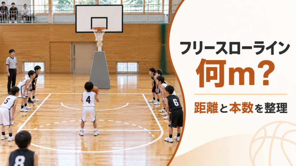 ミニバスのフリースロー場面でフリースローラインとゴール周辺を描いたルール解説画像