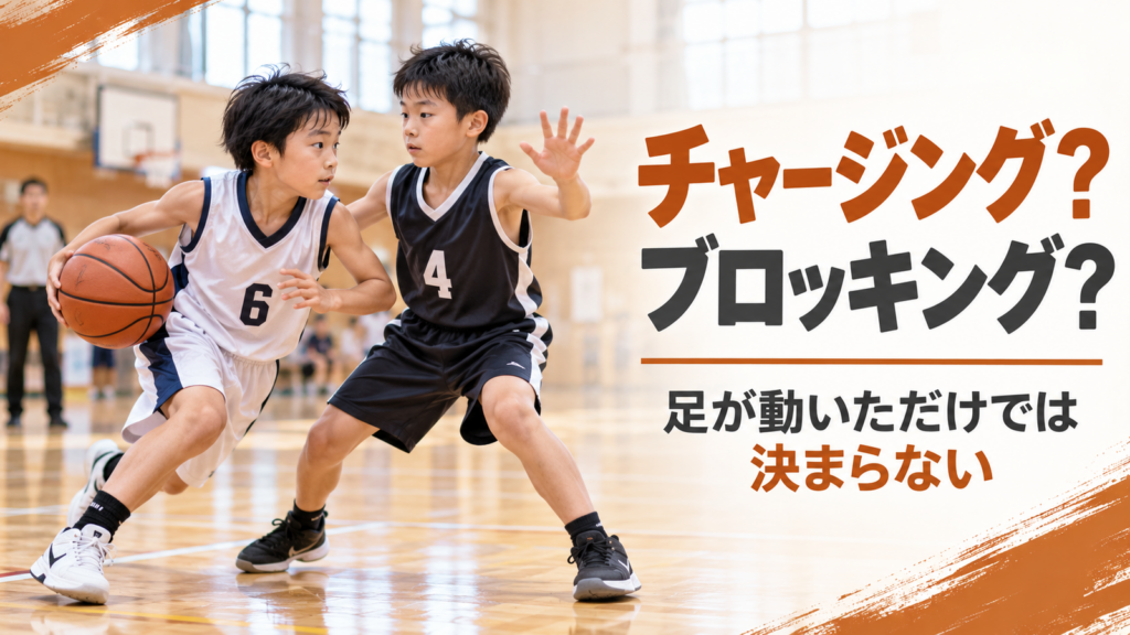 ミニバスでゴールへドライブする攻撃選手と正面で守る守備選手の接触場面を描いたファウル解説画像