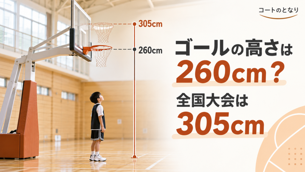 ミニバスのゴールと選手を横から描き、通常の260cmと全国大会の305cmというリング高さの違いを伝える画像