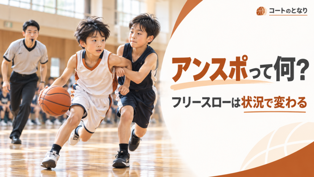 ミニバスの速攻中に攻撃選手へ守備選手が接触し、審判がアンスポーツマンライクファウルを判定する場面を描いた画像