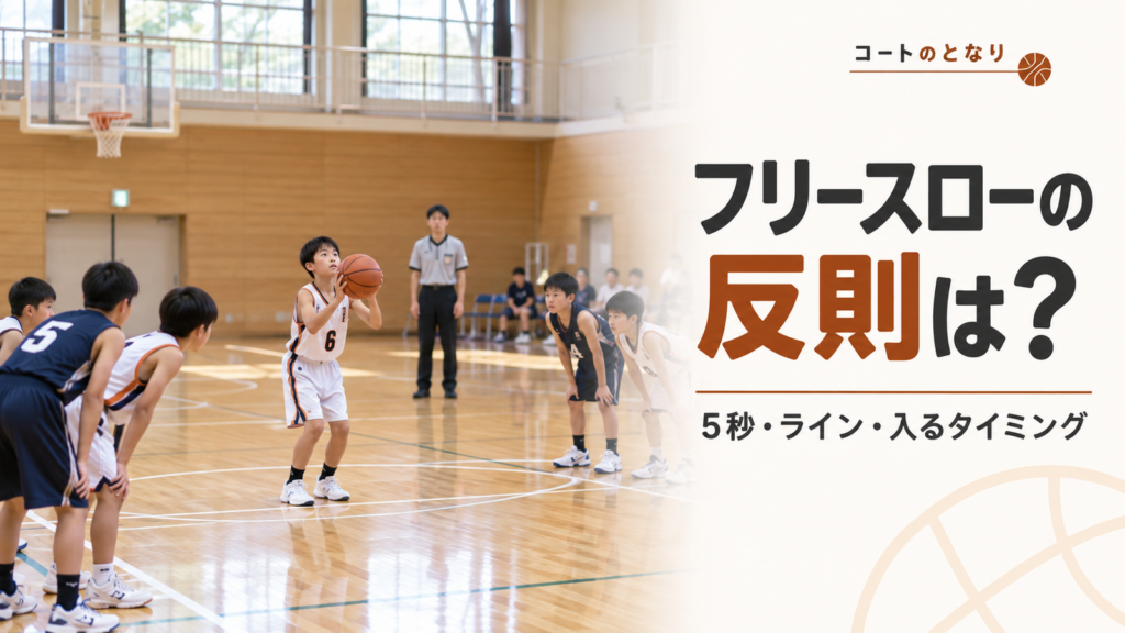 ミニバスのフリースローでシューターがライン後方に立ち、制限区域沿いの選手と審判が待つ場面を描いたバイオレーション解説画像