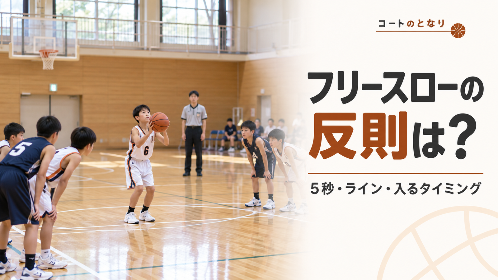 ミニバスのフリースローでシューターがライン後方に立ち、制限区域沿いの選手と審判が待つ場面を描いたバイオレーション解説画像