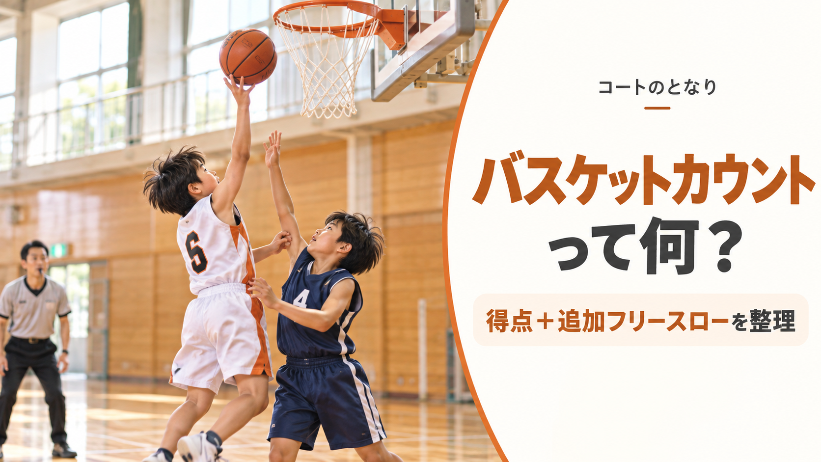 ミニバスでシュート中の選手が守備選手と接触しながらボールをリングへ放つバスケットカウントの場面を描いたアイキャッチ画像