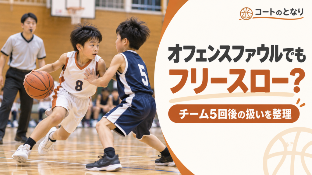 ミニバスで攻撃選手が守備選手へ接触し、オフェンスファウルとフリースローの関係を考える場面を描いたアイキャッチ画像