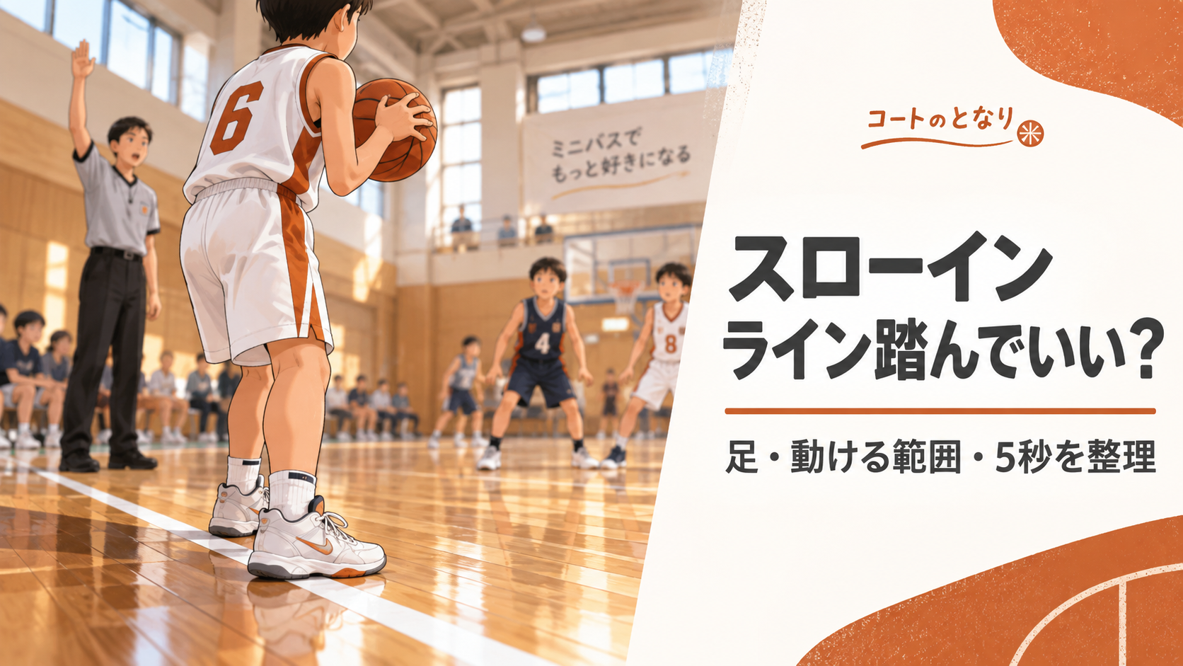 ミニバスのスローインで選手の足とサイドラインの位置関係を描き、ライン・移動範囲・5秒ルールを考えるアイキャッチ画像