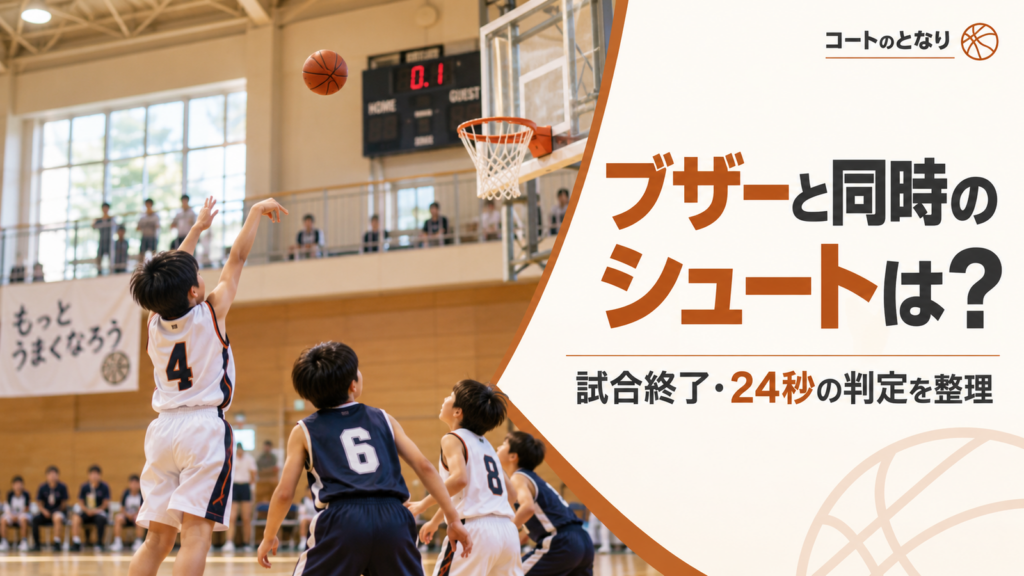 ミニバスで終了ブザー直前に選手の手からシュートされたボールがリングへ向かう場面を描いた得点判定のアイキャッチ画像