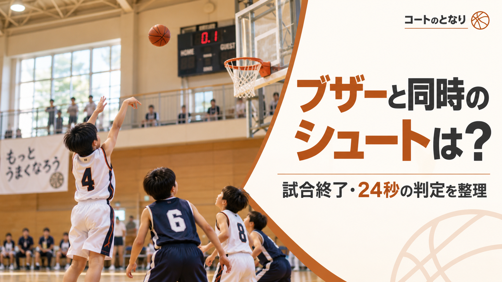 ミニバスで終了ブザー直前に選手の手からシュートされたボールがリングへ向かう場面を描いた得点判定のアイキャッチ画像