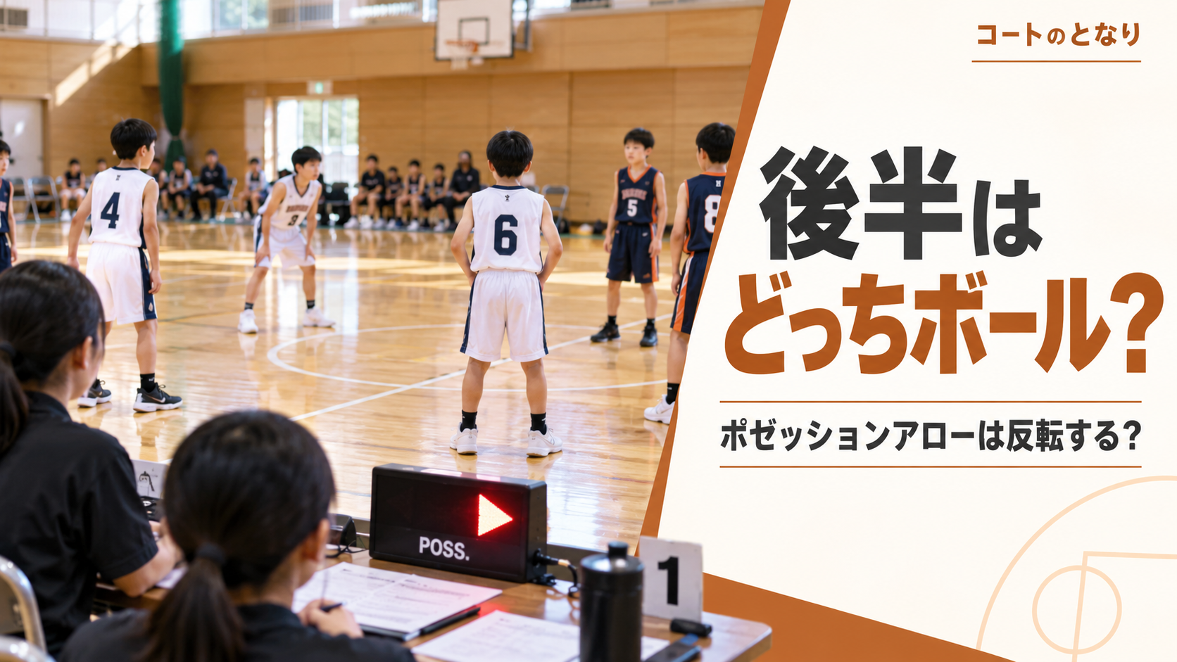 ミニバスの後半開始前にセンターライン付近で選手が準備し、テーブルのポゼッションアローが見える試合進行ルールのアイキャッチ画像
