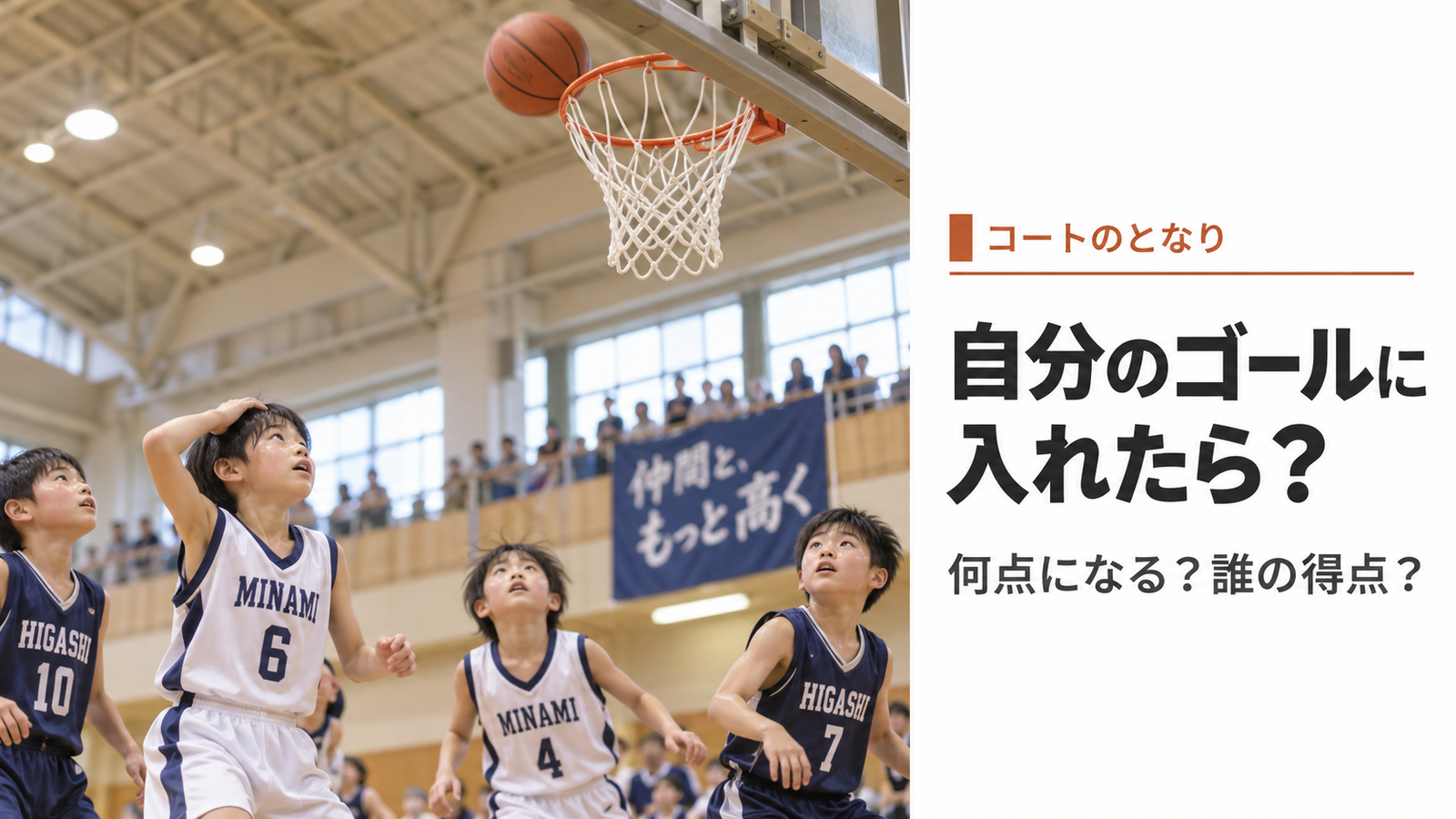 ミニバスで選手が誤って自分たちのゴール方向へボールを入れそうになっている場面を描いたオウンゴール解説のアイキャッチ画像