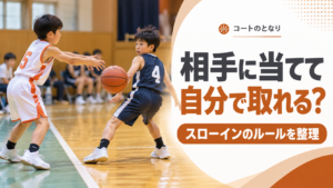 ミニバスのスローインで選手が相手選手にボールを当て、跳ね返ったボールへ反応する場面を描いたルール解説のアイキャッチ画像