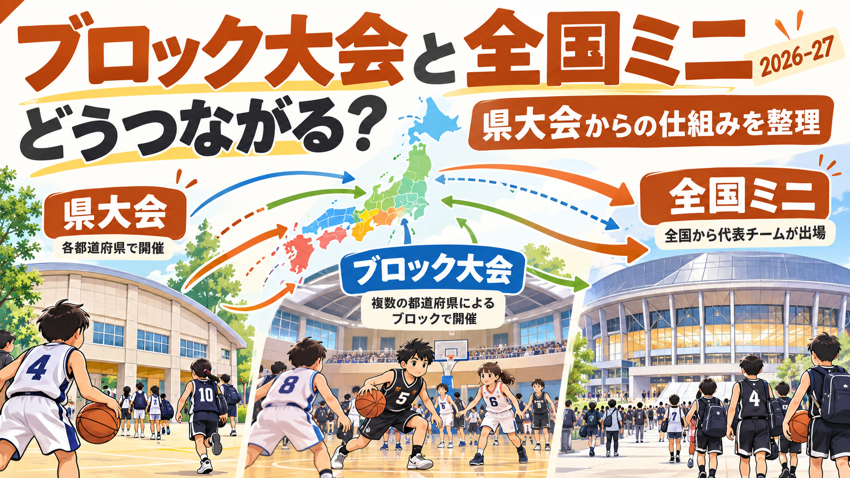 全国ミニとブロック大会はどうつながる？県大会→全国の仕組みを2026-27で整理をイメージしたU12バスケットボール大会のアイキャッチ画像