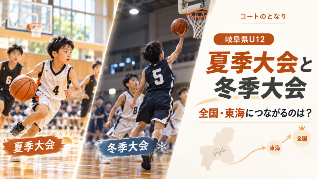 岐阜県U12夏季大会と冬季大会の違いをイメージしたU12バスケットボール大会のアイキャッチ画像
