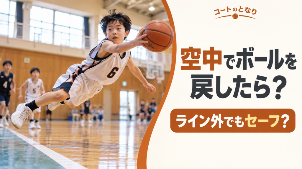 ミニバスで選手がサイドラインの外へ飛び出しながら、空中でボールをコート内へ戻そうとする場面を描いたアウトオブバウンズ判定のアイキャッチ画像