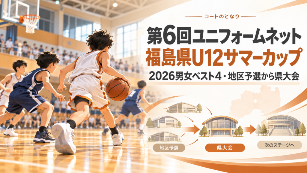 第6回ユニフォームネット福島県U12サマーカップをイメージしたU12バスケットボール大会のアイキャッチ画像